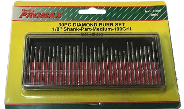 Mastercraver Rotary Tool Accessories Diamond Burr Set - 1/8" (3.2mm) Shank - Medium 100 Grit - 30 Pc - Promax #24-08075