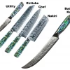 Buy Out Kitchen Knives And Other Specialty Knives **WW Dojo Complete Kitchen Knife 5 Pc Set - With Abalone In Resin Handles And Mosaic Pin - AUS-10 Damascus Steel