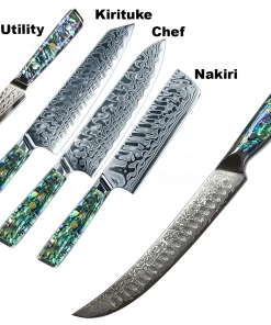 Buy Out Kitchen Knives And Other Specialty Knives **WW Dojo Complete Kitchen Knife 5 Pc Set - With Abalone In Resin Handles And Mosaic Pin - AUS-10 Damascus Steel