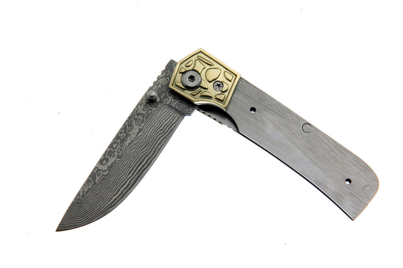 Premium Knife Supply Knife Kits Damascus Folder Brass Bolster - Aztec 5 Premium Knife Supply Knife Kits Damascus Folder Brass Bolster - Aztec