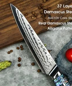 Buy Out *WW Dojo Utility Knife - Complete Knife With Abalone In Resin Handles And Mosaic Pin - AUS-10 Damascus Steel